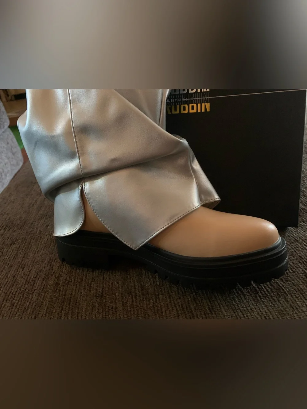Cape Robbin striking metallic silver fold-over lug-sole boots feature a tan base